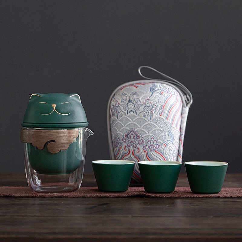 Gohobi Cat tea cup [UK stock- FREE Travel case] with Infuser and 3 small tea cups, office Tea Mug with Lid, Lucky cat Japanese cat tea mug