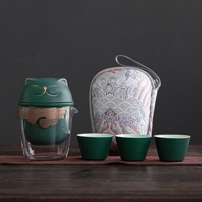 Gohobi Cat tea cup [UK stock- FREE Travel case] with Infuser and 3 small tea cups, office Tea Mug with Lid, Lucky cat Japanese cat tea mug