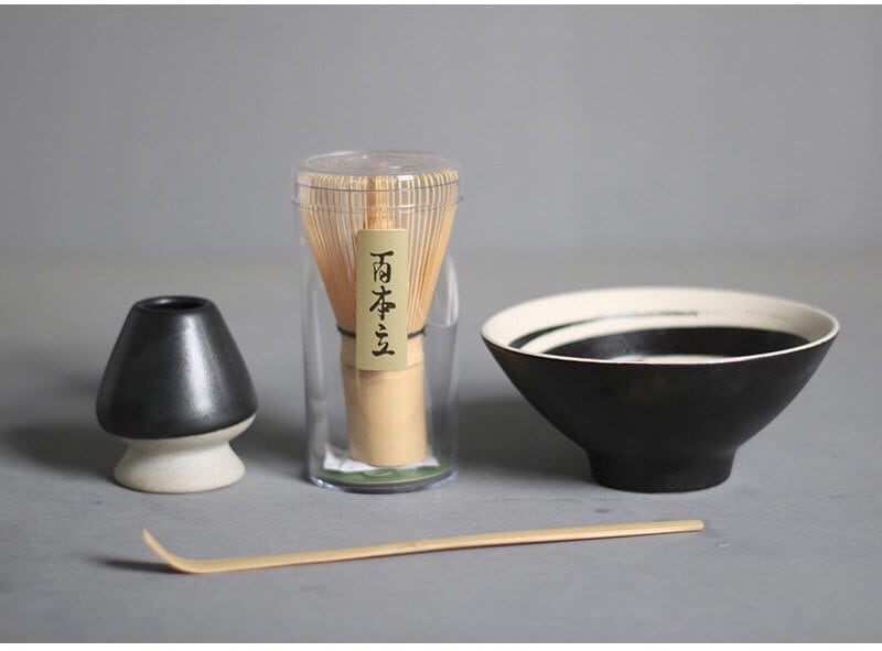 Ceramic Matcha Set with Bamboo Whisk, whisk holder and spoon, tea ceremony gift set, Japanese Tea set Gift box