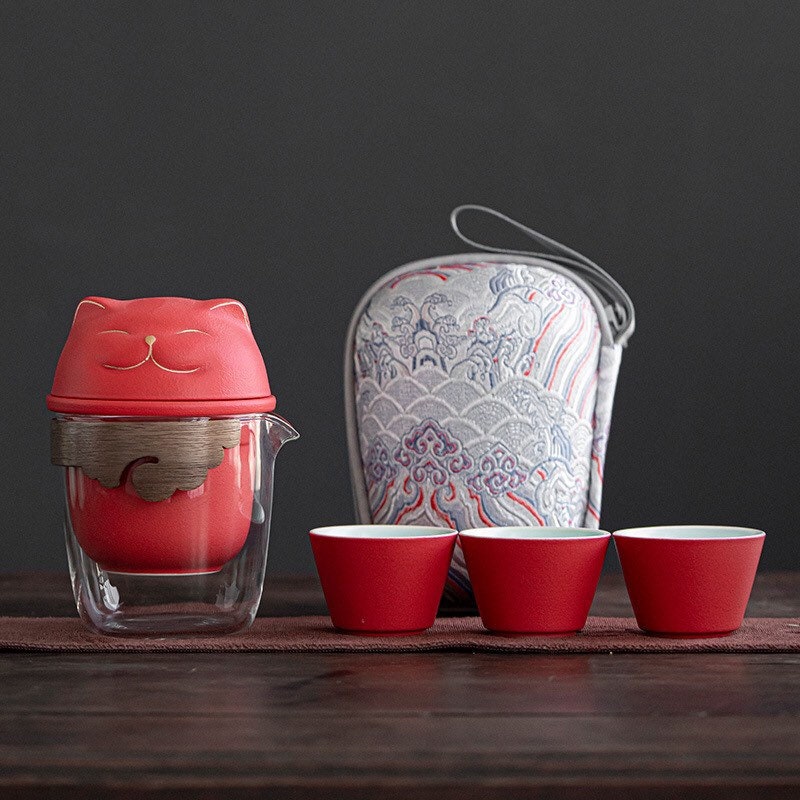 Gohobi Cat tea cup [UK stock- FREE Travel case] with Infuser and 3 small tea cups, office Tea Mug with Lid, Lucky cat Japanese cat tea mug