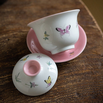 Gohobi Handmade Butterfly gaiwan pink purple Tea cup rare hand painted Rustic Minimalistic Japan Gongfu tea