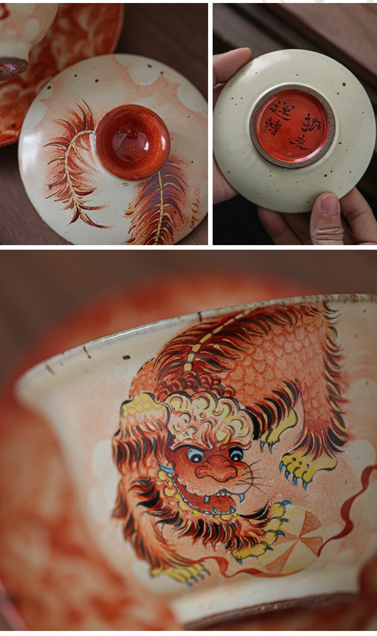 Gohobi Tiger Handmade gaiwan Tea cup and Set. Hand painted, Rustic, Minimalistic Japanese Tea, Green Tea, Gongfu tea