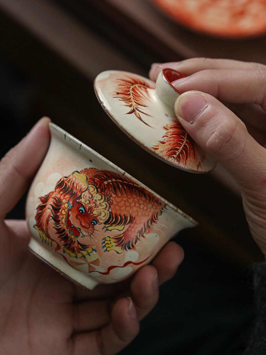 Gohobi Tiger Handmade gaiwan Tea cup and Set. Hand painted, Rustic, Minimalistic Japanese Tea, Green Tea, Gongfu tea