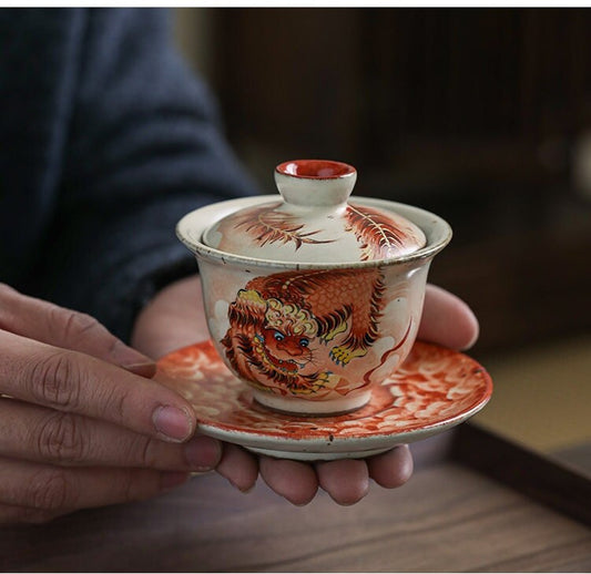 Gohobi Tiger Handmade gaiwan Tea cup and Set. Hand painted, Rustic, Minimalistic Japanese Tea, Green Tea, Gongfu tea
