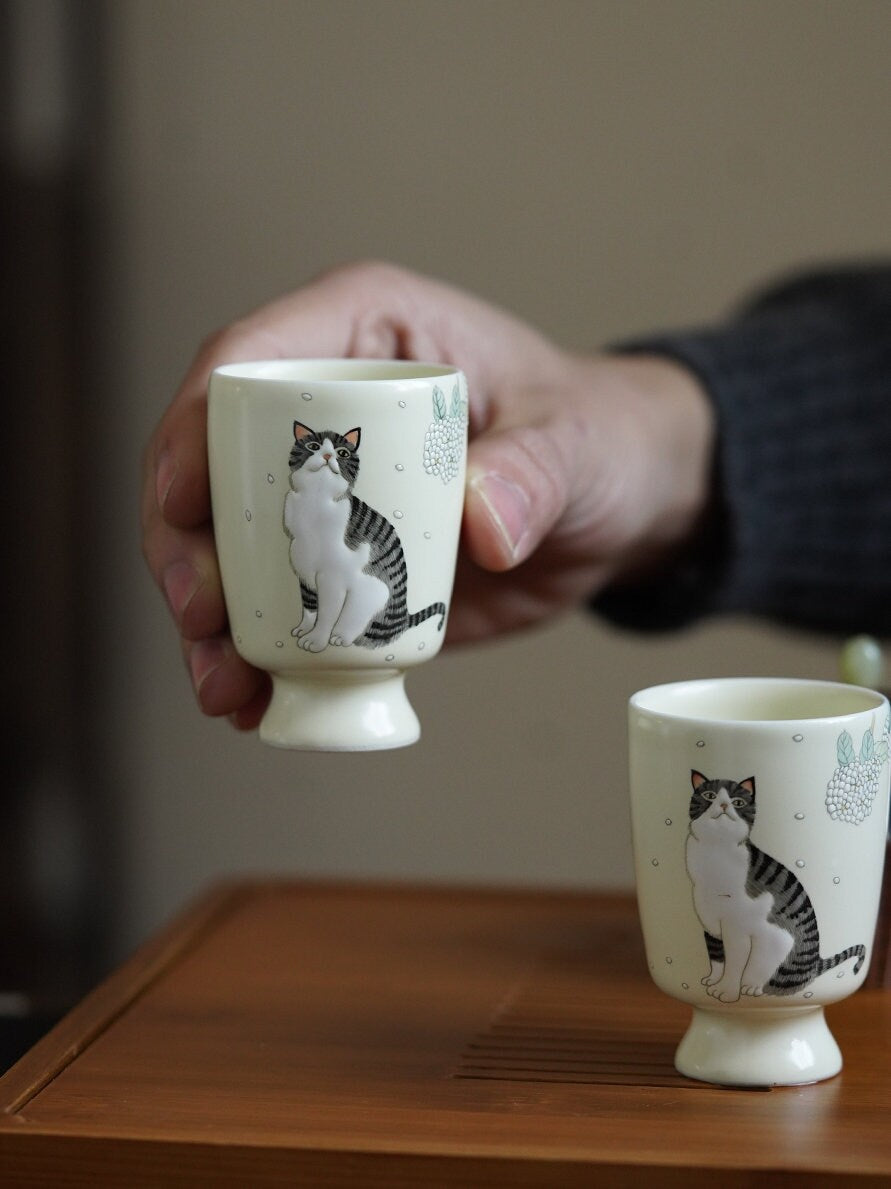 Gohobi Hand painted Cat Tea Cup Sake cup Ceramic Chinese Gongfu tea Kung fu tea Japanese Chado by local young designer