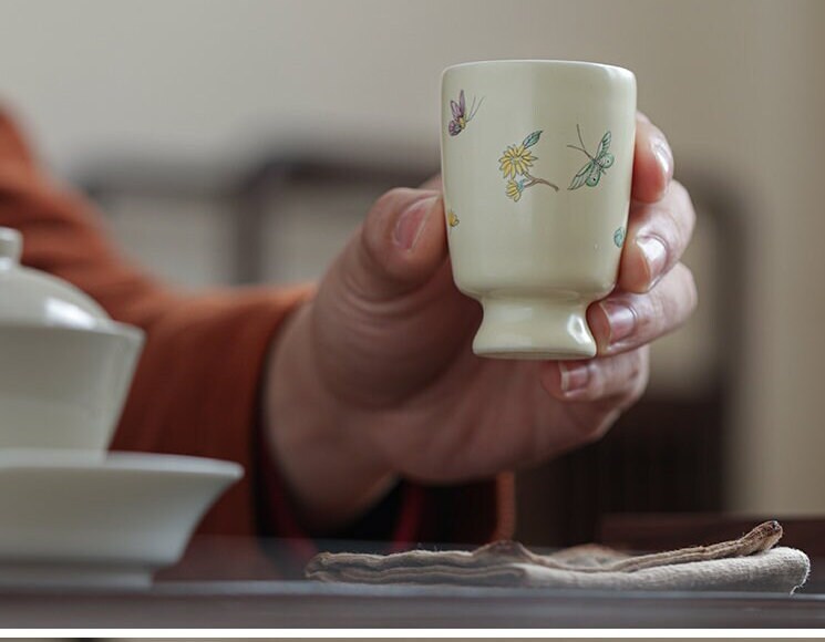 Gohobi Hand painted Butterfly Tea Cup Sake cup Ceramic Chinese Gongfu tea Kung fu tea Japanese Chado by local young designer