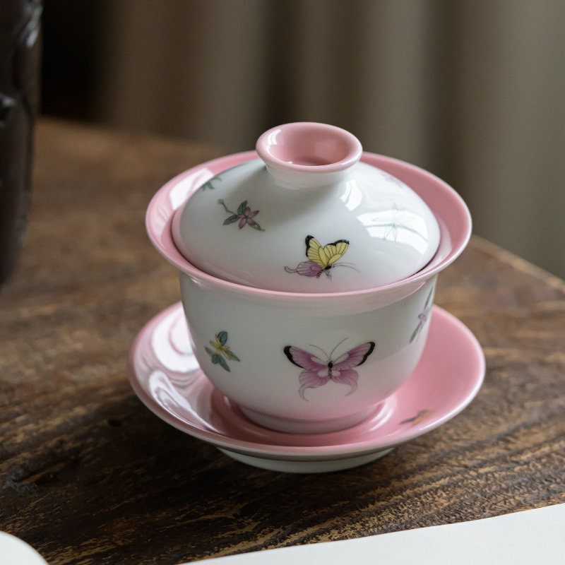 Gohobi Handmade Butterfly gaiwan pink purple Tea cup rare hand painted Rustic Minimalistic Japan Gongfu tea