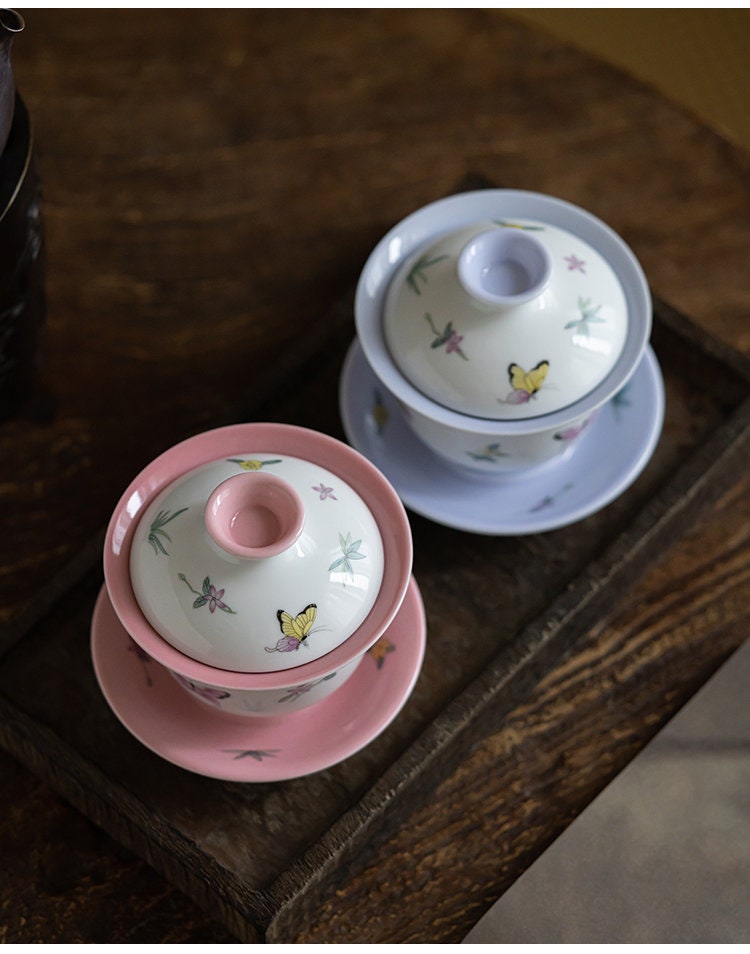 Gohobi Handmade Butterfly gaiwan pink purple Tea cup rare hand painted Rustic Minimalistic Japan Gongfu tea