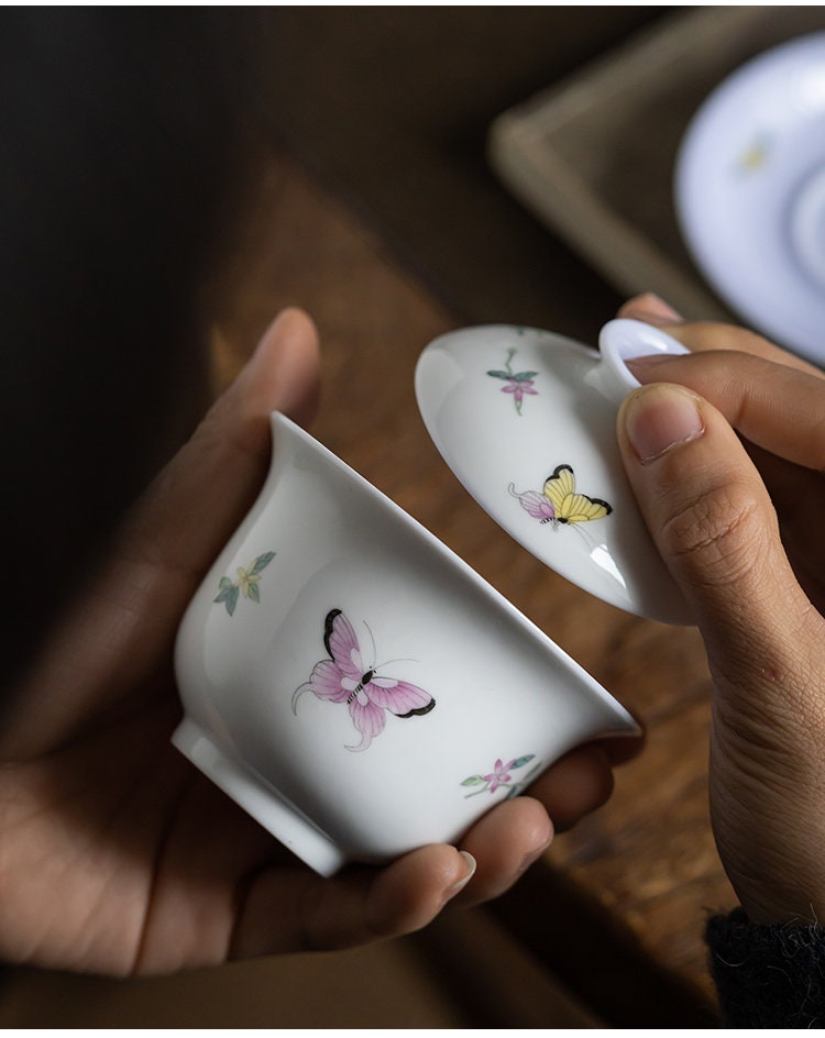 Gohobi Handmade Butterfly gaiwan pink purple Tea cup rare hand painted Rustic Minimalistic Japan Gongfu tea