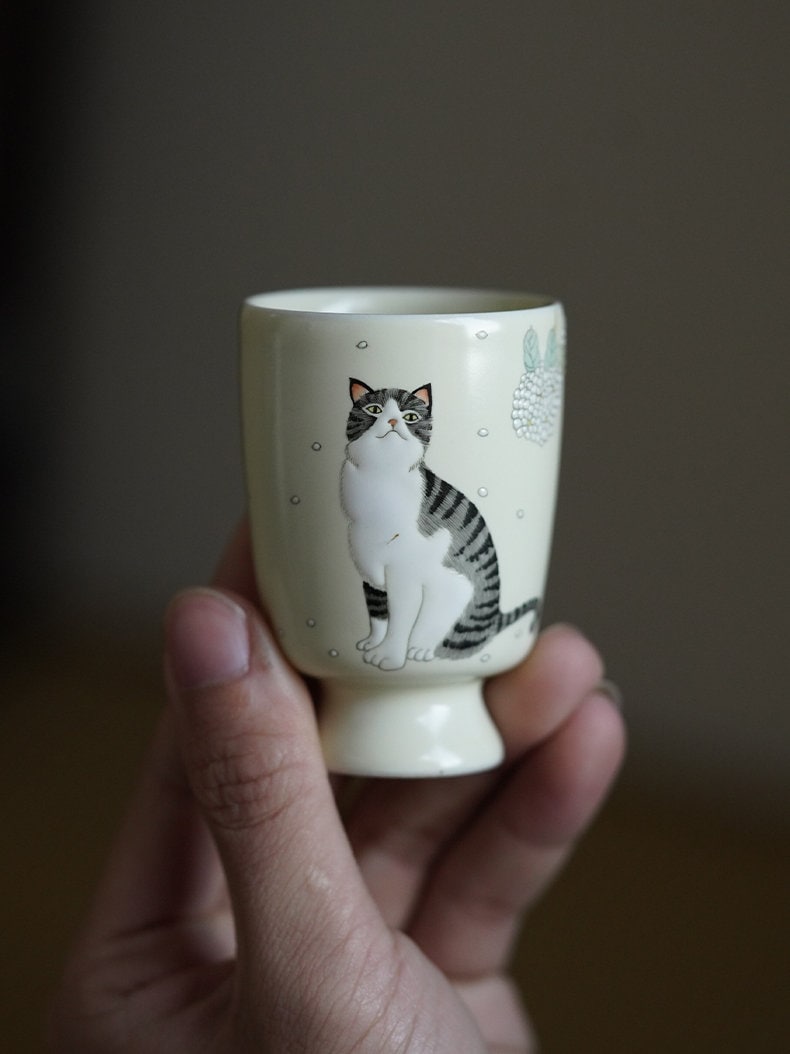 Gohobi Hand painted Cat Tea Cup Sake cup Ceramic Chinese Gongfu tea Kung fu tea Japanese Chado by local young designer