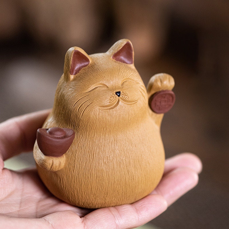 Gohobi Handmade cat ornaments Tea pets ceramic YiXing clay  Chinese Gongfu tea Kung fu tea Japanese Chado unique ornaments