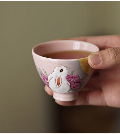 Gohobi Rabbit Handmade Pink gaiwan, Hand painted, vintage, high quality, Rustic, Minimalistic Japanese Tea, Green Tea, Gongfu tea