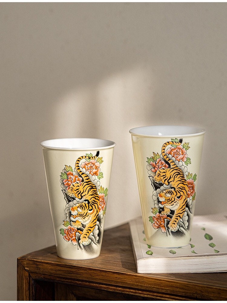 Gohobi Tiger Handmade Large drink cup tea cup  Hand painted, Rustic, Minimalistic Japanese Tea, Green Tea, Gongfu tea