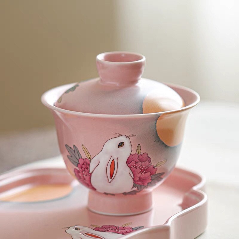 Gohobi Rabbit Handmade Pink gaiwan, Hand painted, vintage, high quality, Rustic, Minimalistic Japanese Tea, Green Tea, Gongfu tea