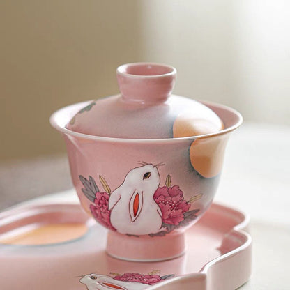 Gohobi Rabbit Handmade Pink gaiwan, Hand painted, vintage, high quality, Rustic, Minimalistic Japanese Tea, Green Tea, Gongfu tea