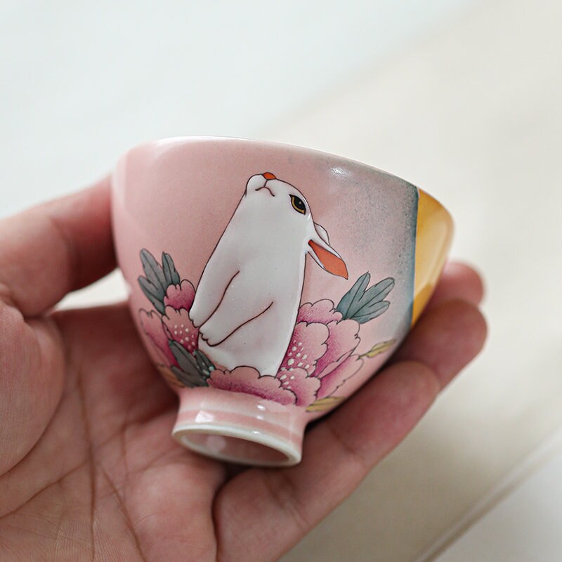 Gohobi Rabbit Handmade Pink Tea cup, Hand painted, vintage, high quality, Rustic, Minimalistic Japanese Tea, Green Tea, Gongfu tea