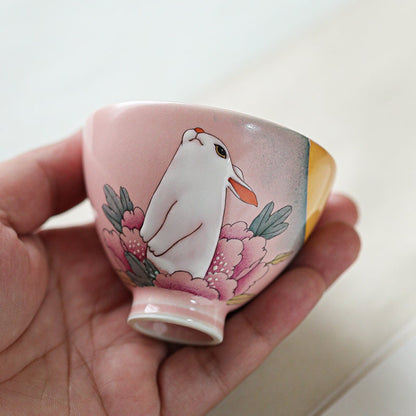 Gohobi Rabbit Handmade Pink Tea cup, Hand painted, vintage, high quality, Rustic, Minimalistic Japanese Tea, Green Tea, Gongfu tea