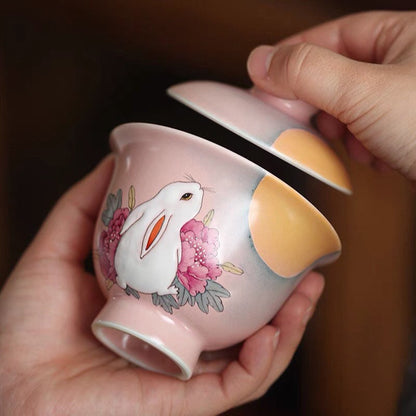 Gohobi Rabbit Handmade Pink gaiwan, Hand painted, vintage, high quality, Rustic, Minimalistic Japanese Tea, Green Tea, Gongfu tea