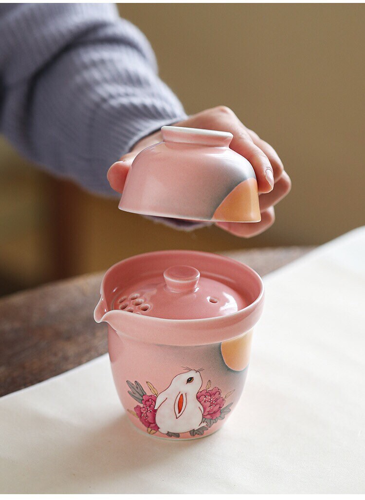 Gohobi Rabbit Handmade Pink Tea cup, Hand painted, vintage, high quality, Rustic, Minimalistic Japanese Tea, Green Tea, Gongfu tea