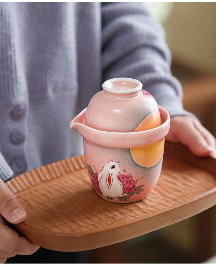 Gohobi Rabbit Handmade Pink Travel tea set, Hand painted, vintage, high quality, Rustic, Minimalistic Japanese Tea, Green Tea, Gongfu tea