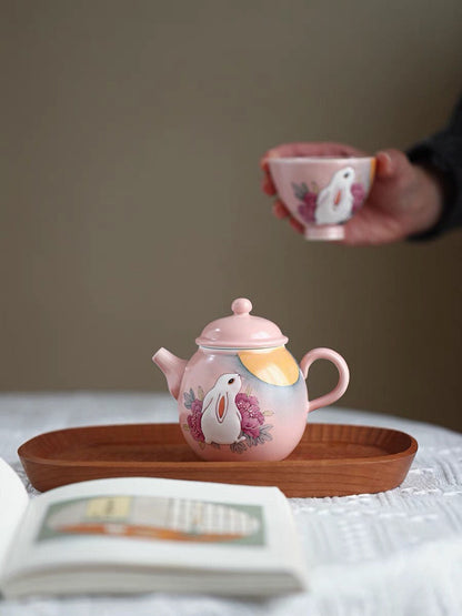 Gohobi Rabbit Handmade Pink Teapot, Hand painted, vintage, high quality, Rustic, Minimalistic Japanese Tea, Green Tea, Gongfu tea