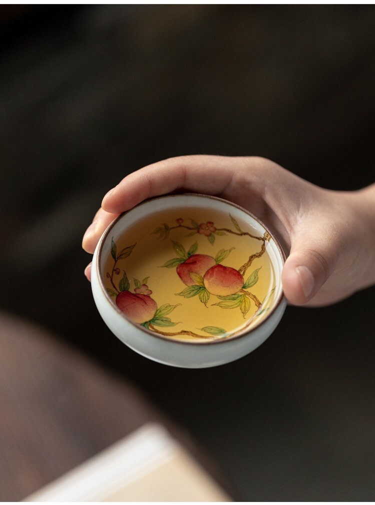 Gohobi Hand painted peach Tea Cup Ceramic Chinese Gongfu tea Kung fu tea Japanese Chado