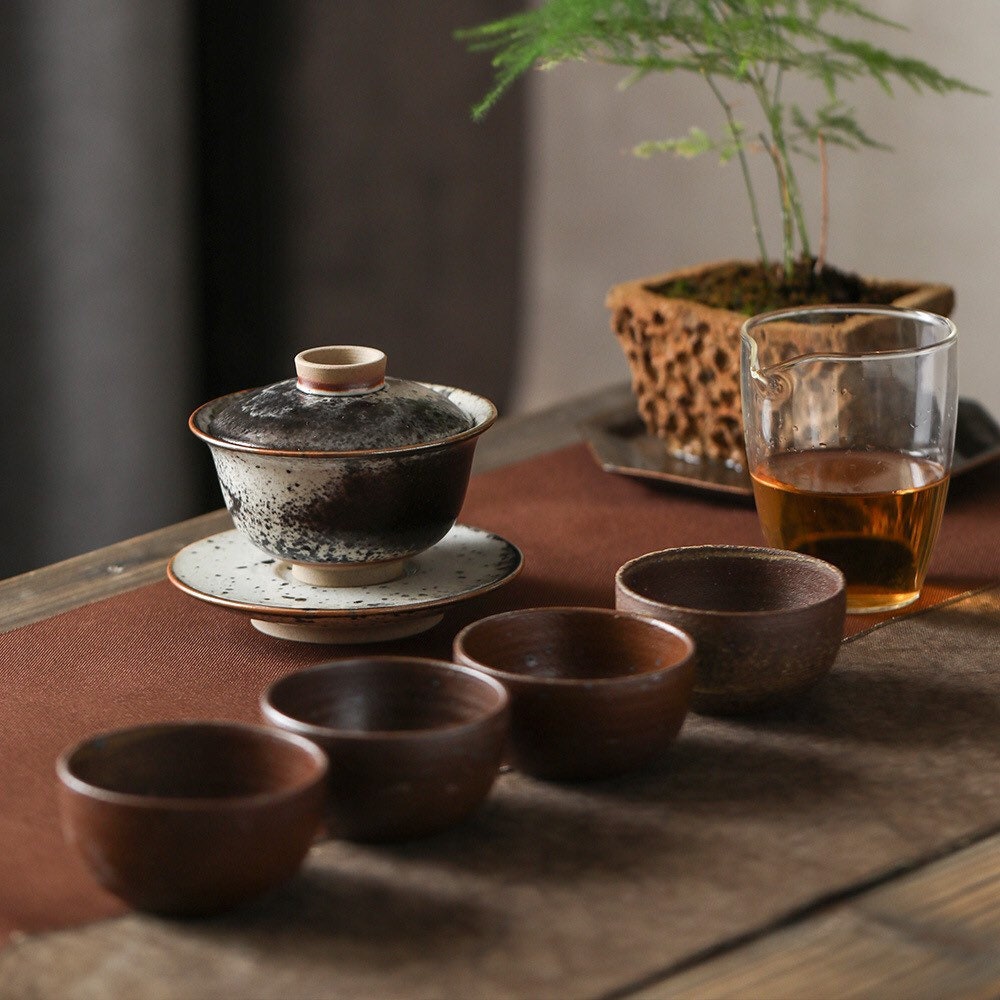 Gohobi Handmade ceramic Gaiwan Chinese Gongfu tea Japanese Teacup small green tea cup [Black ink collection] 