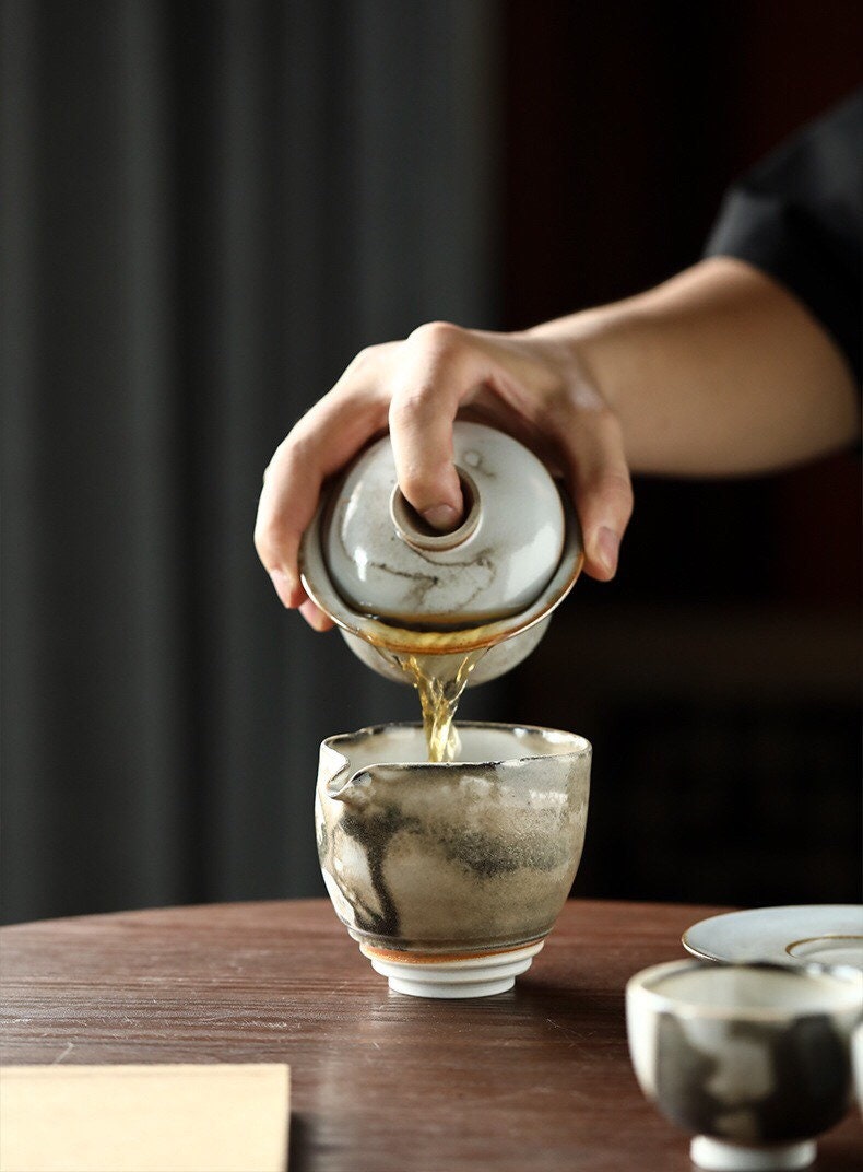 Gohobi Handmade ceramic Gaiwan Chinese Gongfu tea Japanese Teacup small green tea cup [Black ink collection] 