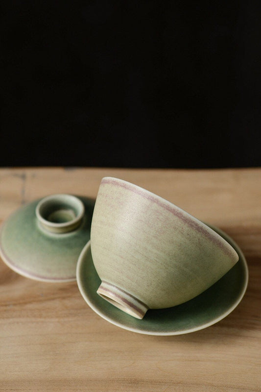 Gohobi Handmade Green gaiwan, Hand painted, vintage, high quality, Rustic, Minimalistic Japanese Tea, Gongfu tea  [Green Glazed collection] 