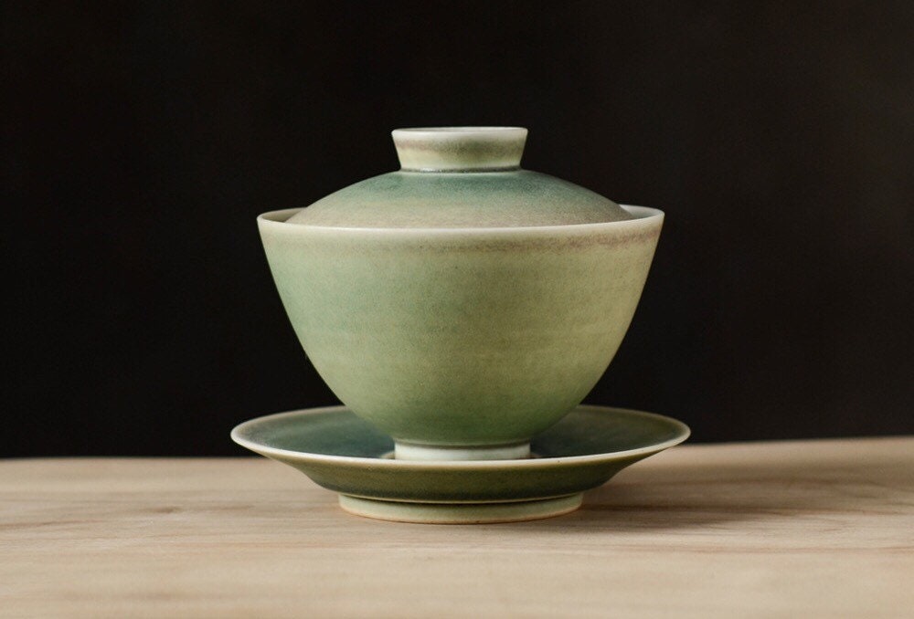 Gohobi Handmade Green gaiwan, Hand painted, vintage, high quality, Rustic, Minimalistic Japanese Tea, Gongfu tea  [Green Glazed collection] 