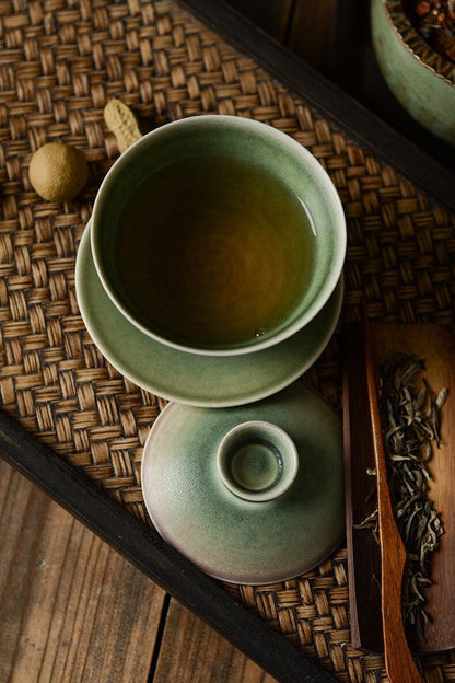 Gohobi Handmade Green gaiwan, Hand painted, vintage, high quality, Rustic, Minimalistic Japanese Tea, Gongfu tea  [Green Glazed collection] 