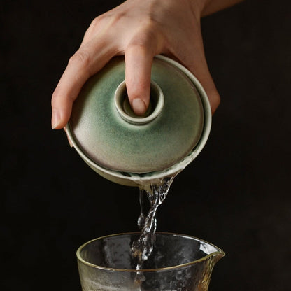 Gohobi Handmade Green gaiwan, Hand painted, vintage, high quality, Rustic, Minimalistic Japanese Tea, Gongfu tea  [Green Glazed collection] 