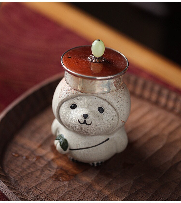 Gohobi Handmade cat ornaments peach panda Tea pets ceramic YiXing clay  Chinese Gongfu tea Kung fu tea Japanese Chado unique ornaments