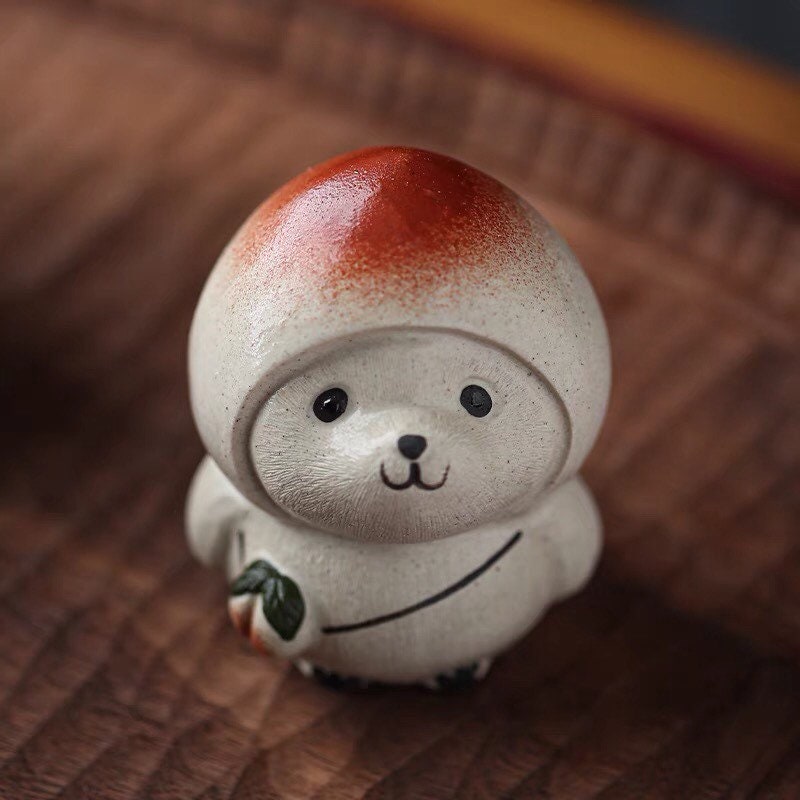 Gohobi Handmade cat ornaments peach panda Tea pets ceramic YiXing clay  Chinese Gongfu tea Kung fu tea Japanese Chado unique ornaments