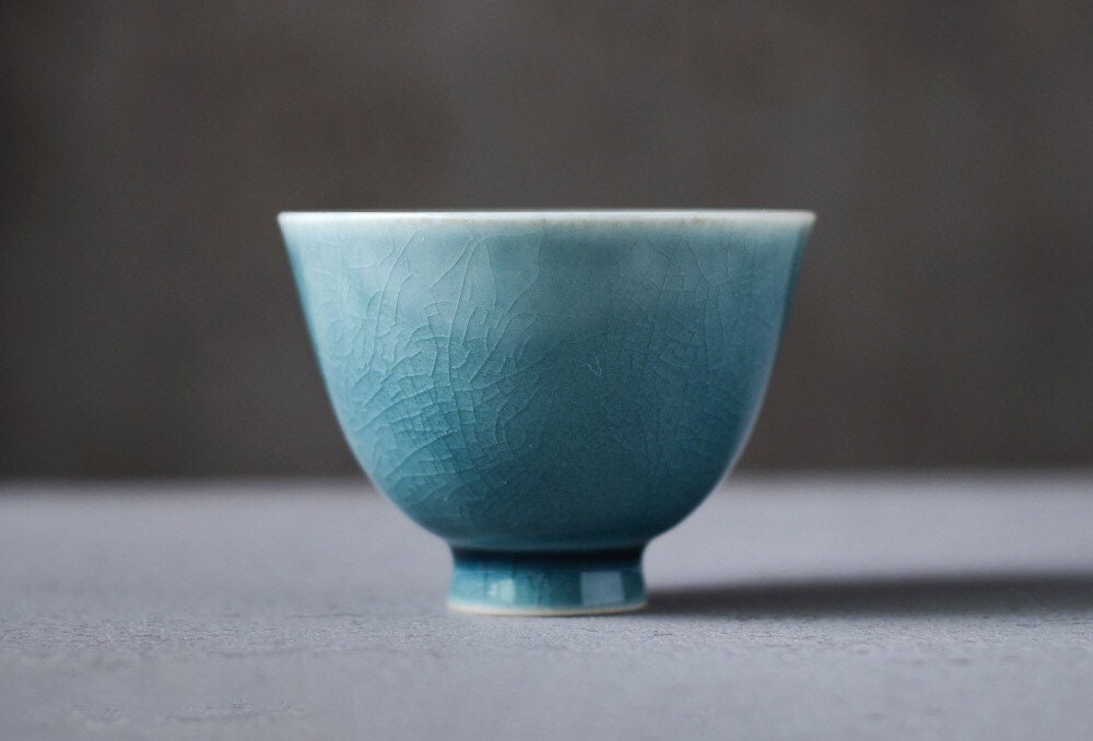 Gohobi Handmade Teal ceramic tea cup Chinese Gongfu tea Kung fu tea Japanese Chado crystal gemstone colour [Ice crack collection] 