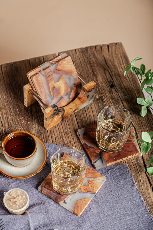 Gohobi Set of Wood Coaster Resin Coasters Square shape epoxy tea drink unique handmade coaster placemats Teaware Japanese drinkware