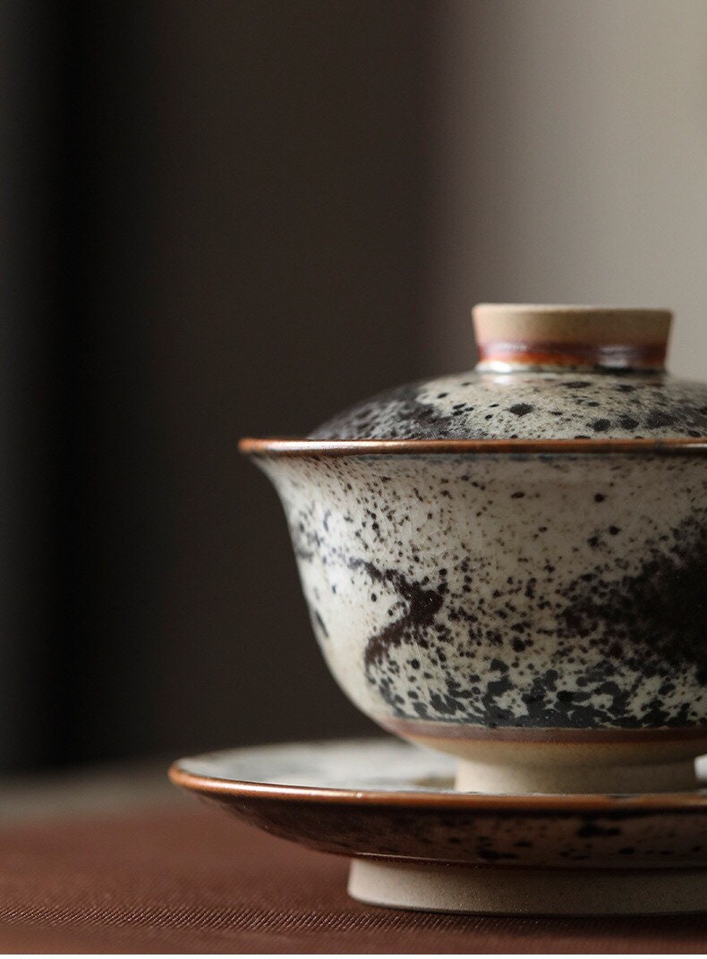 Gohobi Handmade ceramic Gaiwan Chinese Gongfu tea Japanese Teacup small green tea cup [Black ink collection] 