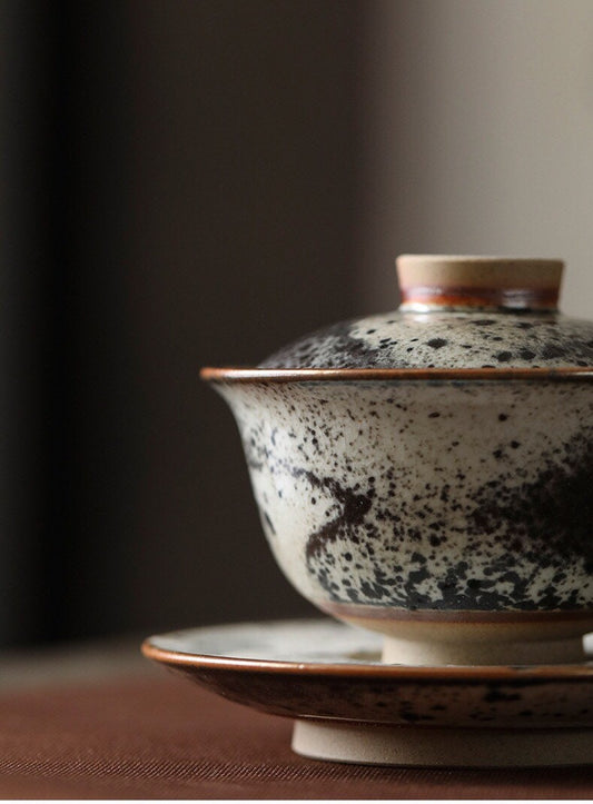 Gohobi Handmade ceramic Gaiwan Chinese Gongfu tea Japanese Teacup small green tea cup [Black ink collection] 