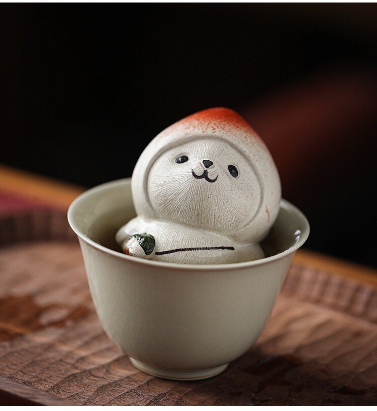 Gohobi Handmade cat ornaments peach panda Tea pets ceramic YiXing clay  Chinese Gongfu tea Kung fu tea Japanese Chado unique ornaments