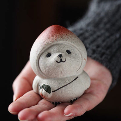 Gohobi Handmade cat ornaments peach panda Tea pets ceramic YiXing clay  Chinese Gongfu tea Kung fu tea Japanese Chado unique ornaments