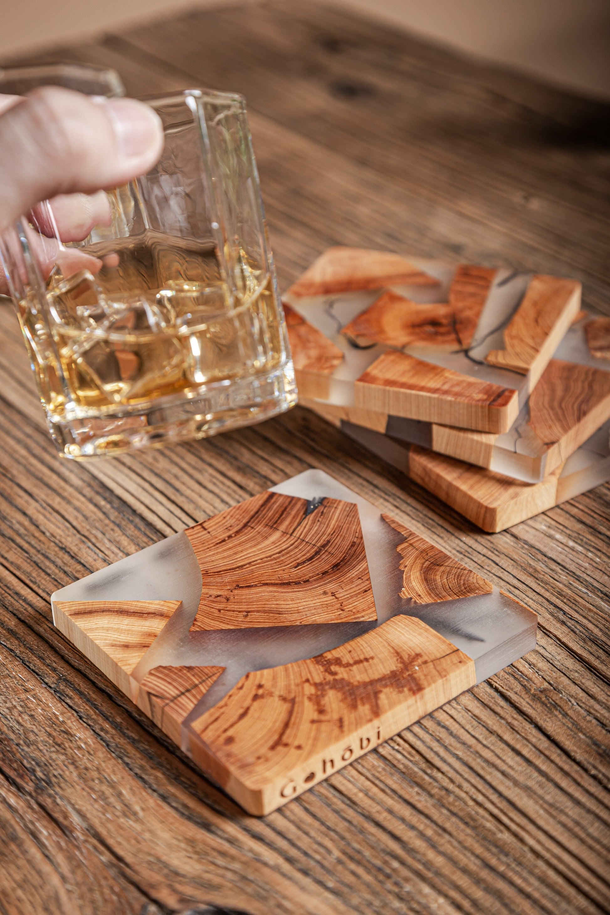 Gohobi Set of Wood Coaster Resin Coasters Square shape epoxy tea drink unique handmade coaster placemats Teaware Japanese drinkware
