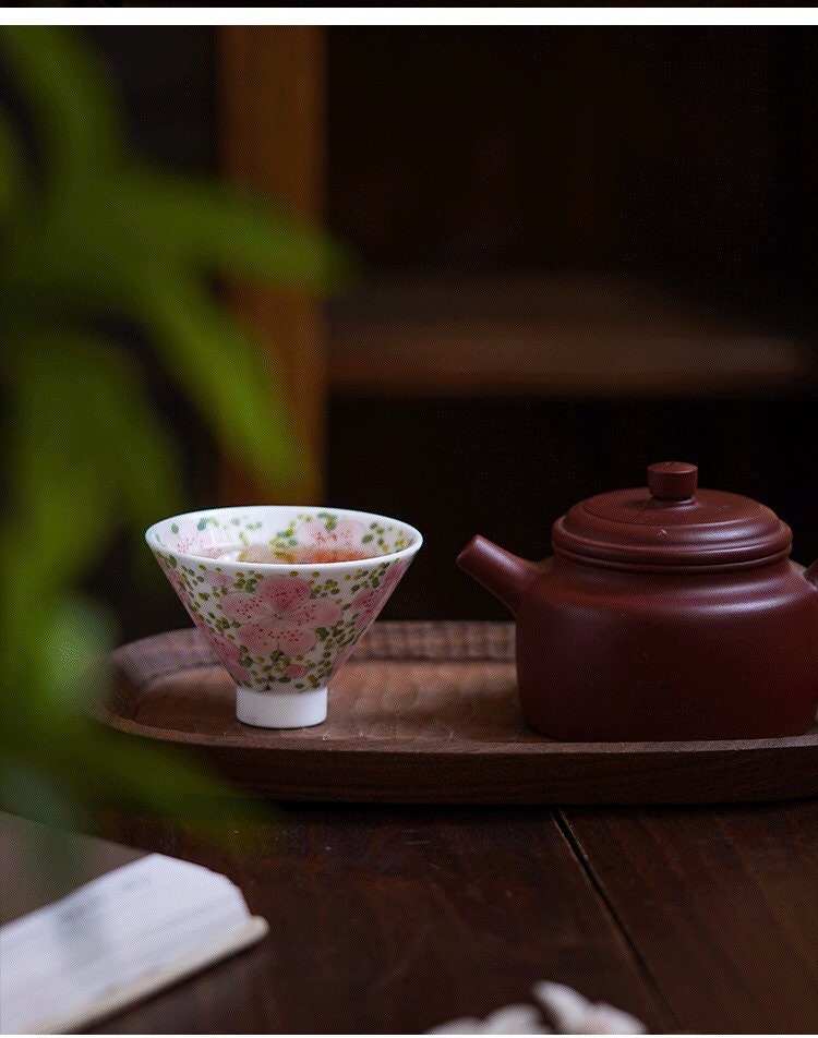 Gohobi Hand painted Peach BlossomTea Cup Ceramic Chinese Gongfu tea Kung fu tea Japanese Chado by local young designer