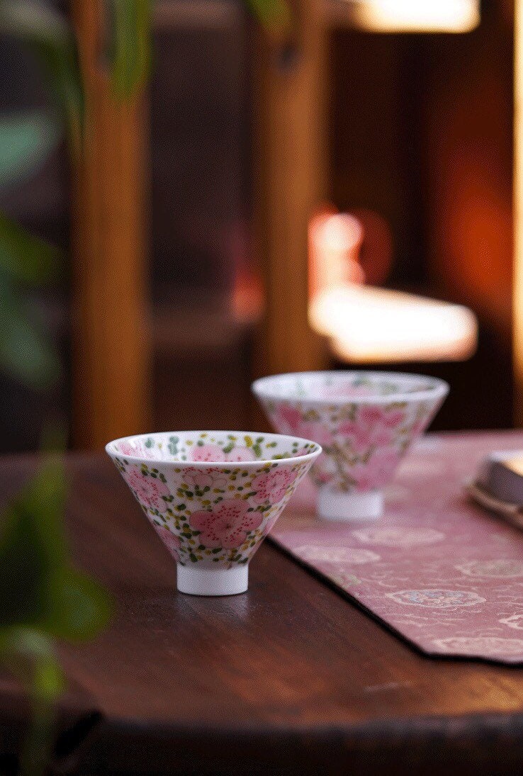 Gohobi Hand painted Peach BlossomTea Cup Ceramic Chinese Gongfu tea Kung fu tea Japanese Chado by local young designer