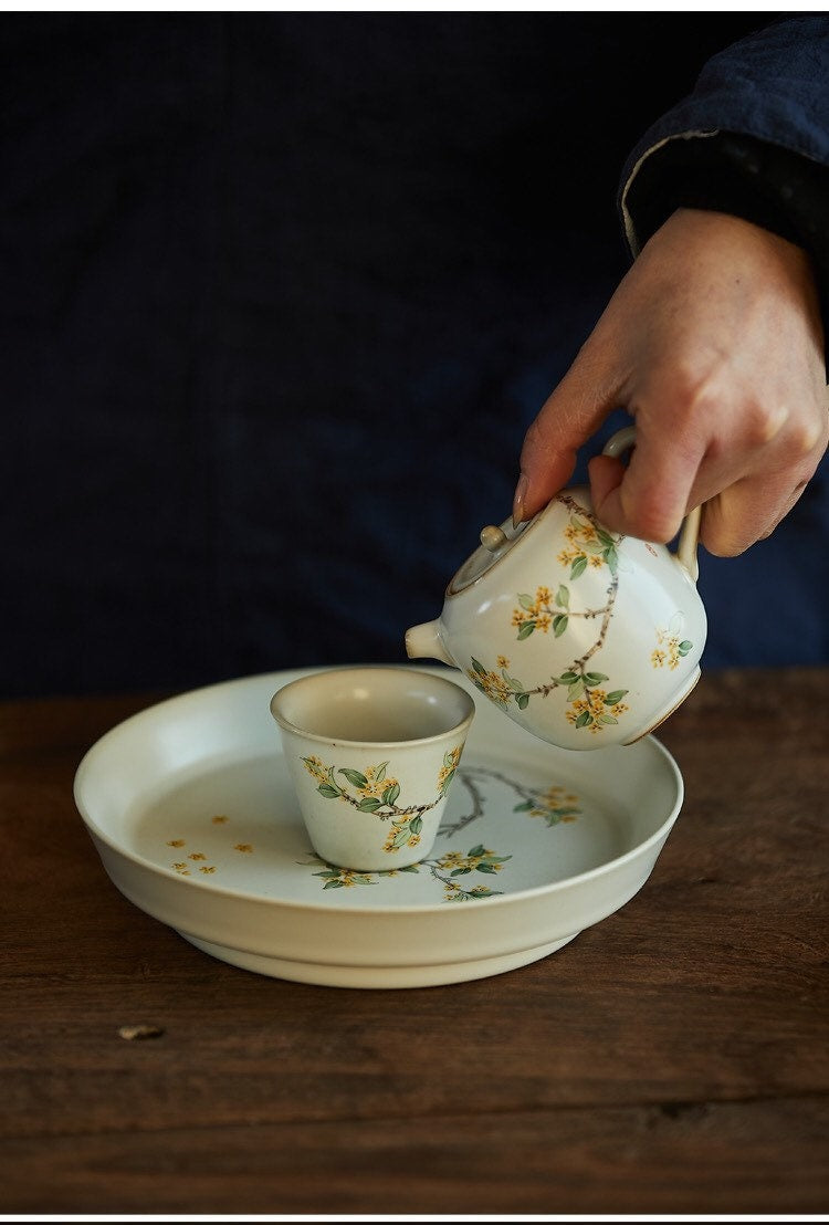 Gohobi Hand painted tea tray ceramic Flowers Osmanthus handmade tea saucer Chinese Gongfu tea tray  Kung fu Japanese Chado tea ceremony