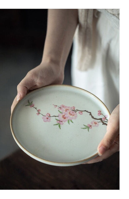 Gohobi Hand painted tea tray ceramic Flowers handmade tea saucer Chinese Gongfu tea tray  Kung fu Japanese Chado peach blossom tea ceremony