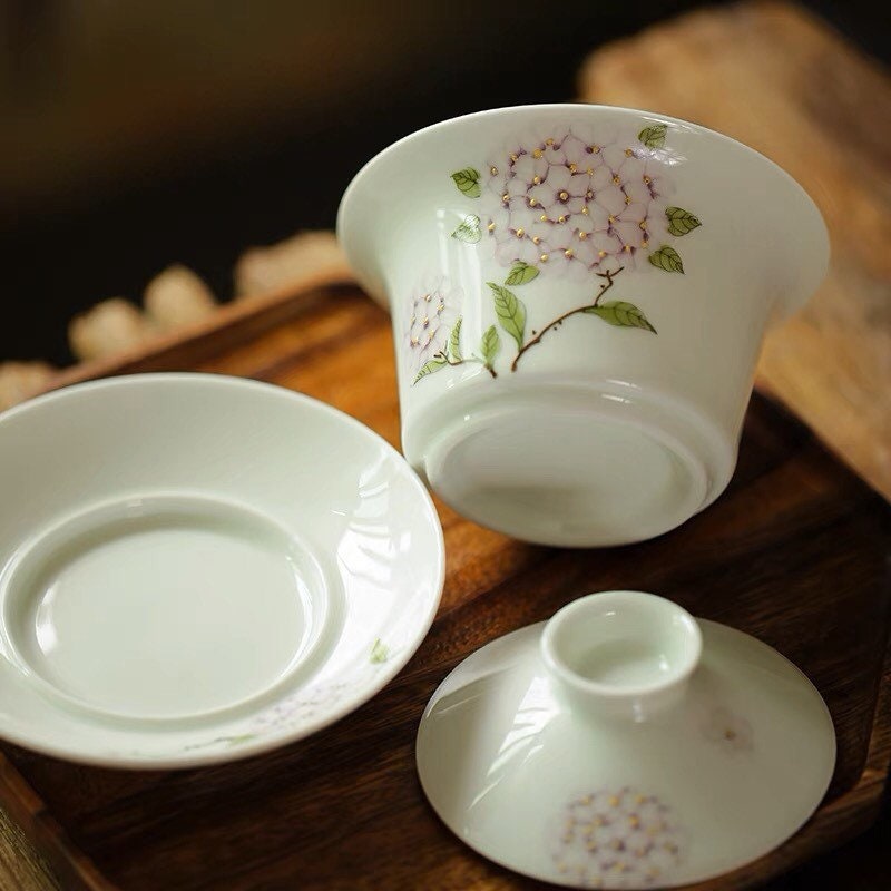 Gohobi Handmade floral gaiwan Tea cup Set, Hand painted, vintage, high quality, Rustic, Japanese Tea, Green Tea, Gongfu tea, Hydrangea