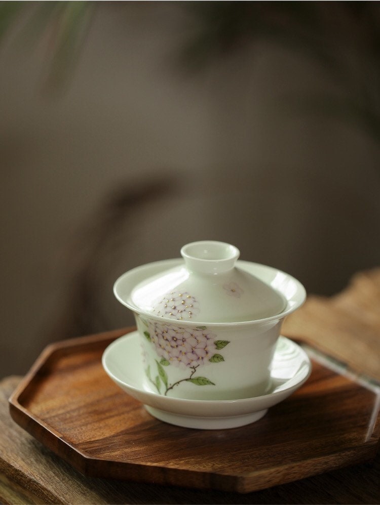 Gohobi Handmade floral gaiwan Tea cup Set, Hand painted, vintage, high quality, Rustic, Japanese Tea, Green Tea, Gongfu tea, Hydrangea