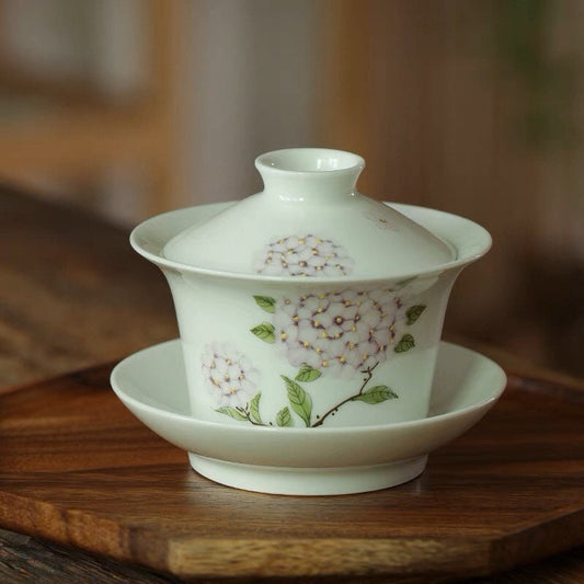 Gohobi Handmade floral gaiwan Tea cup Set, Hand painted, vintage, high quality, Rustic, Japanese Tea, Green Tea, Gongfu tea, Hydrangea