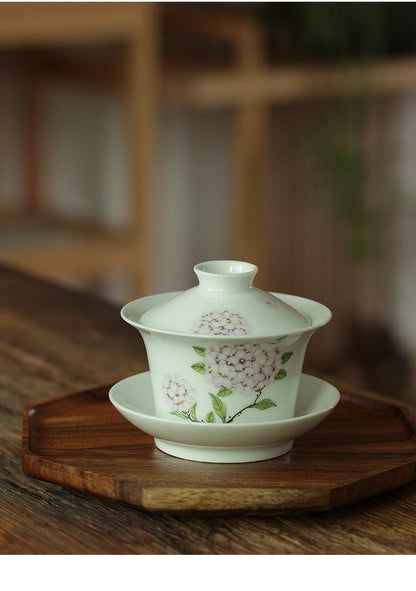 Gohobi Handmade floral gaiwan Tea cup Set, Hand painted, vintage, high quality, Rustic, Japanese Tea, Green Tea, Gongfu tea, Hydrangea