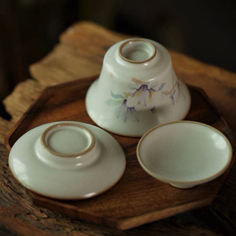 Gohobi Handmade floral gaiwan Tea cup Set, Hand painted, vintage, high quality, Rustic, Japanese Tea, Green Tea, Gongfu tea, Magnolia